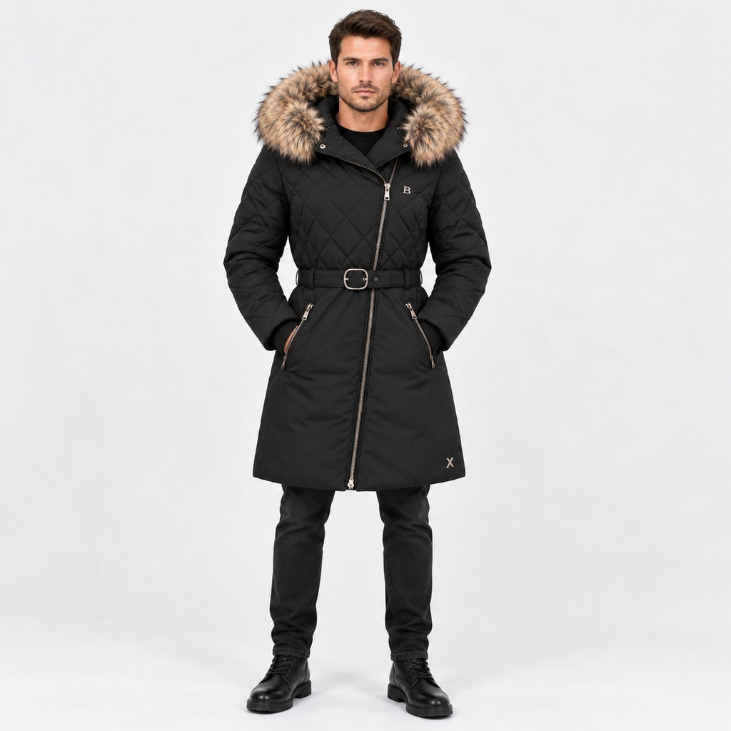 BIMOOX Beloria Winterjacke – Schwarz / Besatz Naturton – Model-Mann