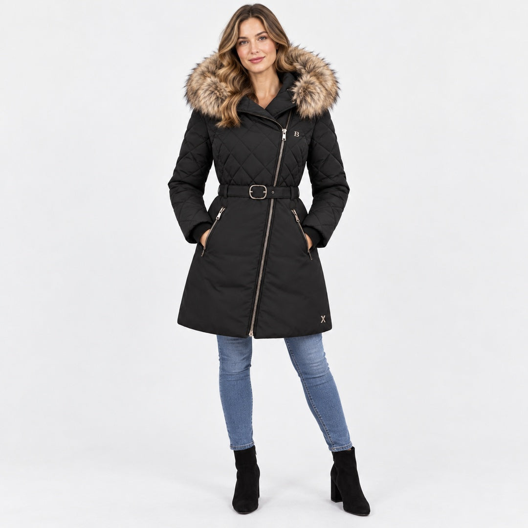 BIMOOX Beloria Winterjacke – Schwarz / Besatz Naturton – Model-Frau